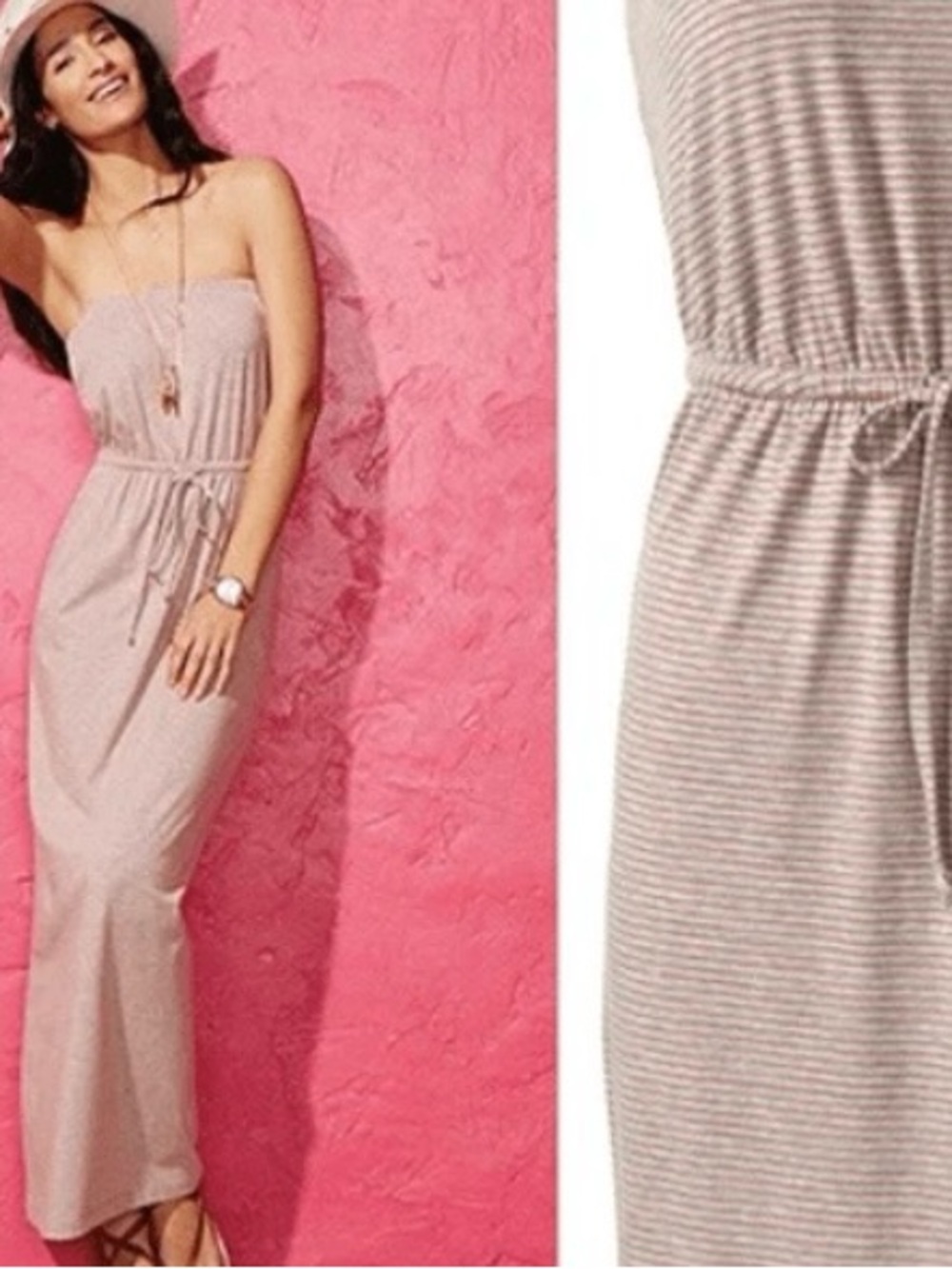 CAbi Beige and White Striped Strapless Tie-Waist Maxi Dress